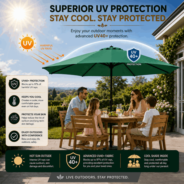 GlamHaus Garden Parasol Table Umbrella 2.7M with Crank Handle, UV40 Protection, Includes Protection Cover, Robust Steel - Green
