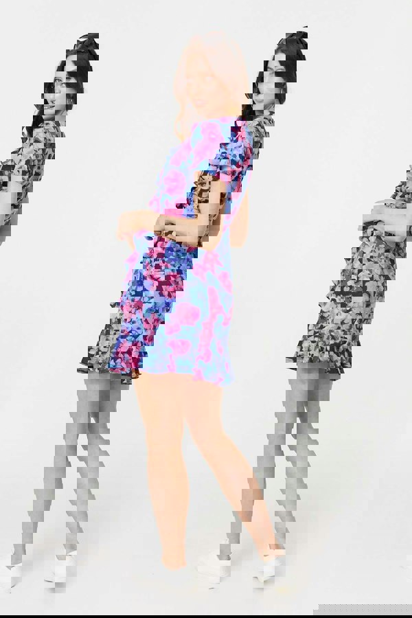 Blue | Floral Frill Faux Wrap Short Dress