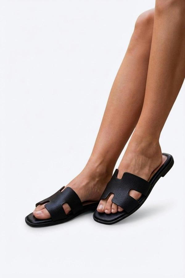 Aria Womens H-Strap Flat Slide Sandals - BLACK_wb