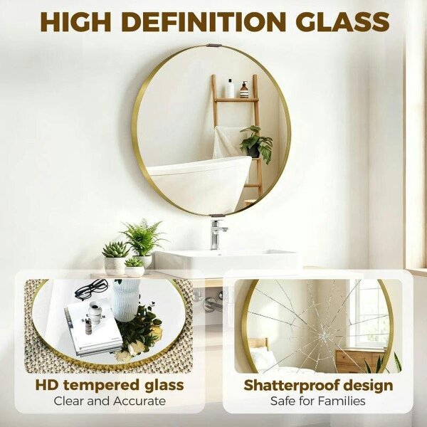 Round Wall Mirror 61 cm, Wall Mounted Bathroom Mirror with Tempered Safety Glass and Aluminium Alloy Frame, Gold Tone