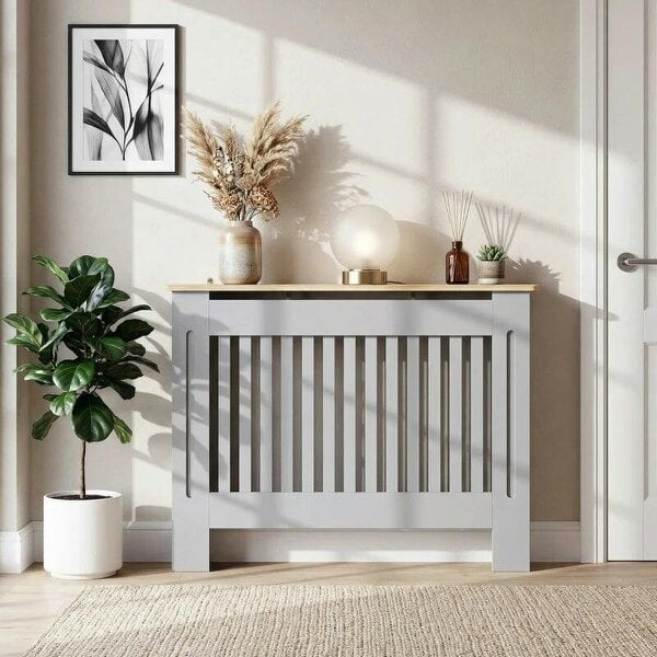 Bobobiy Slatted Radiator Cover, Painted Cabinet with Line Grill Design, 112W × 19D × 81H cm, Grey