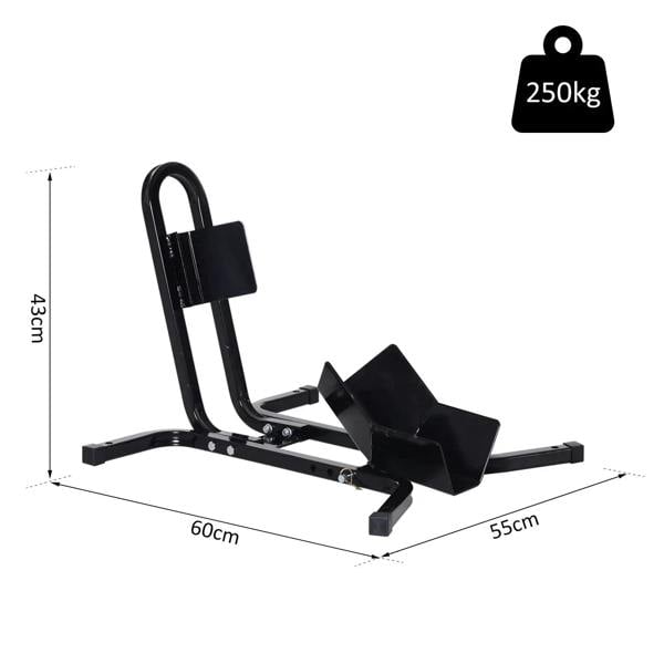 Black motorcycle wheel chock stand with handle, cradle arms, and size layout