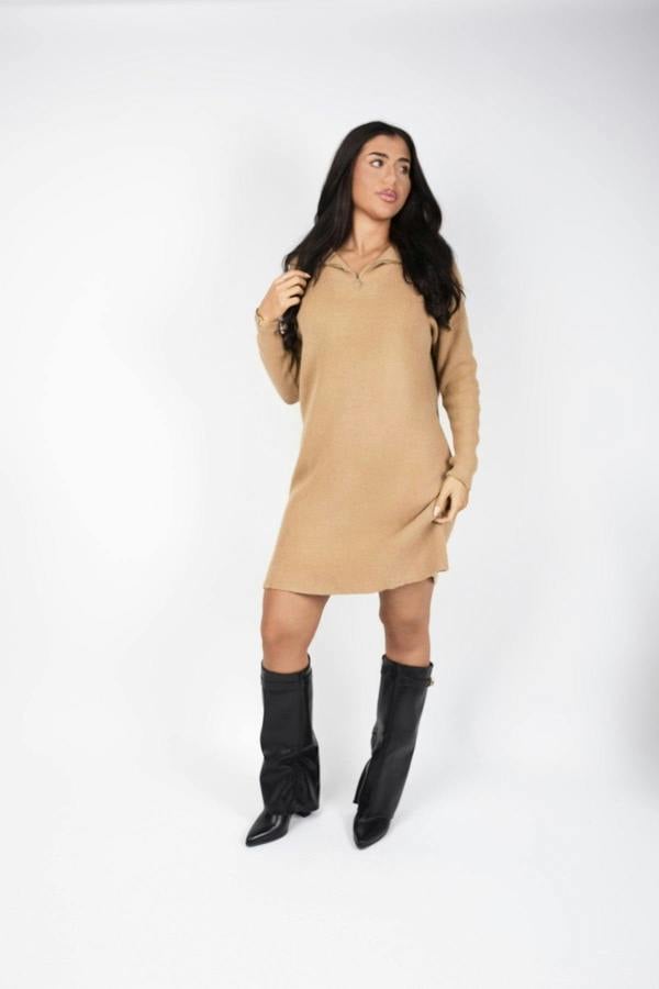 Danika Ribbed Knit Mini Dress With Zip Collar - Camel