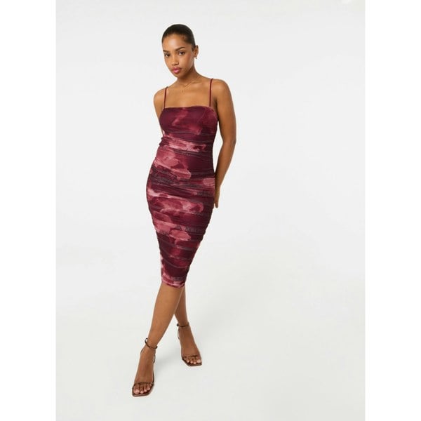 Pink Vanilla Smoke Print Ruched Midi Dress