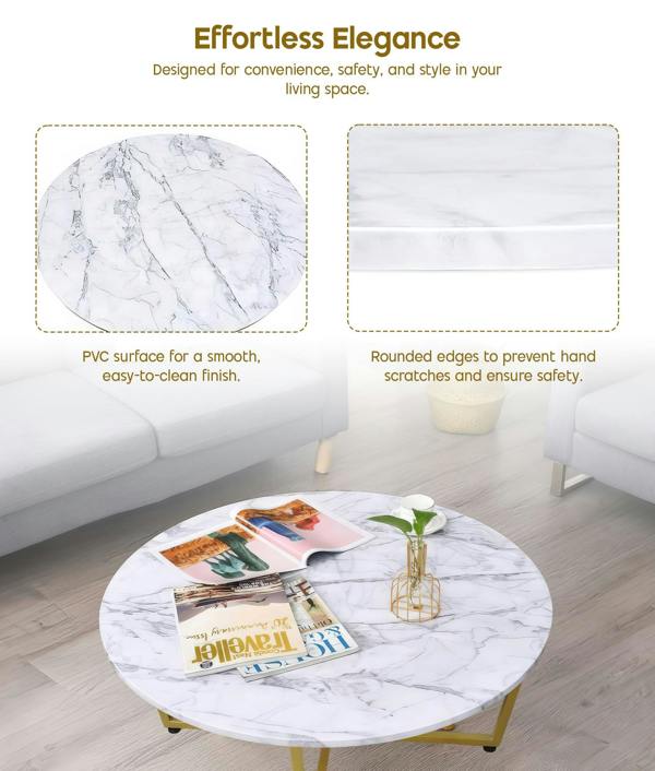 ADOV Round Coffee Table, Faux Marble Living Room Table with Gold Metal Frame