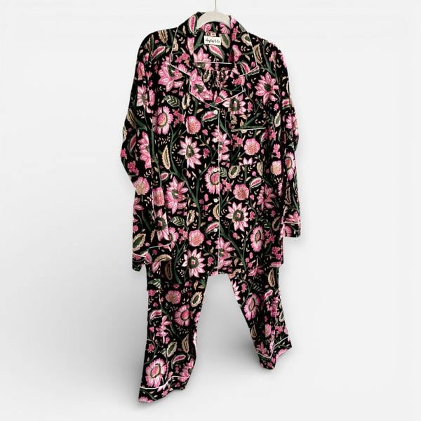 Hayley & Co Black and Pink Block Print Floral 100% Cotton Long Pyjama Set