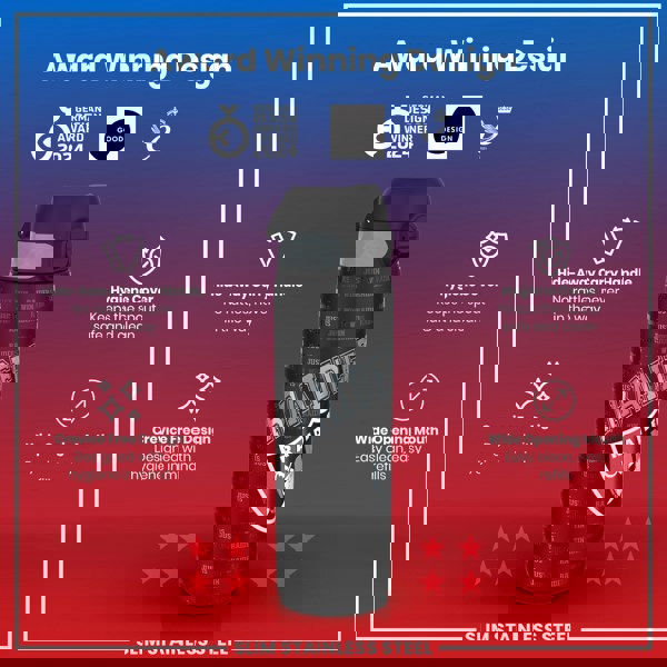 A black and gray Raiders-themed water bottle displays various features; it sits against a red background with award logos and descriptions of its design.