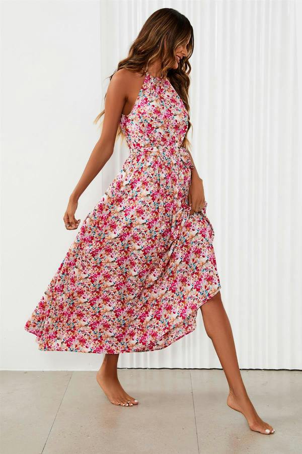 FS Collection Floral Tie Halterneck Maxi Dress In Pink