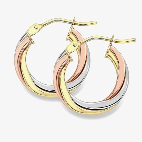 T. H. Baker 9ct Three Colour Gold 10mm Twisted Hoop Earrings ER524