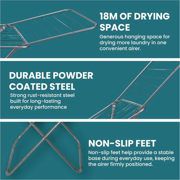 Laundry Mate Extendable Clothes Airer with Sock Clip 18M Drying Space Clothes Horse with Non-Slip Feet - Winged Foldable Laundry Rack