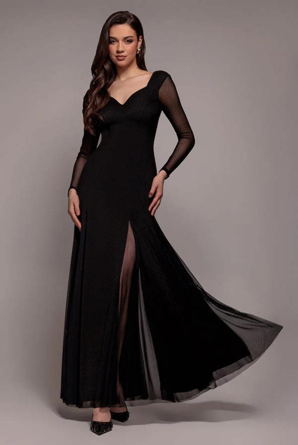 Dobby Mesh Insert Long Sleeve A-Line Maxi Dress - Black DR4897