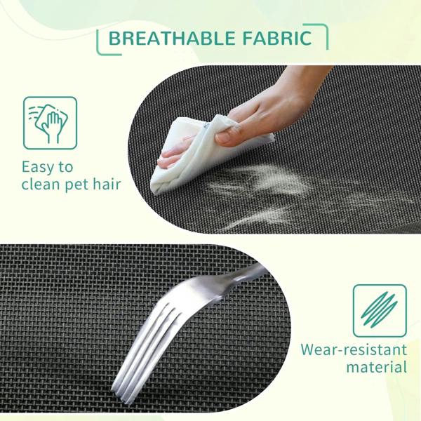 Elevated black raised dog cot with off-ground legs and breathable mesh fabric