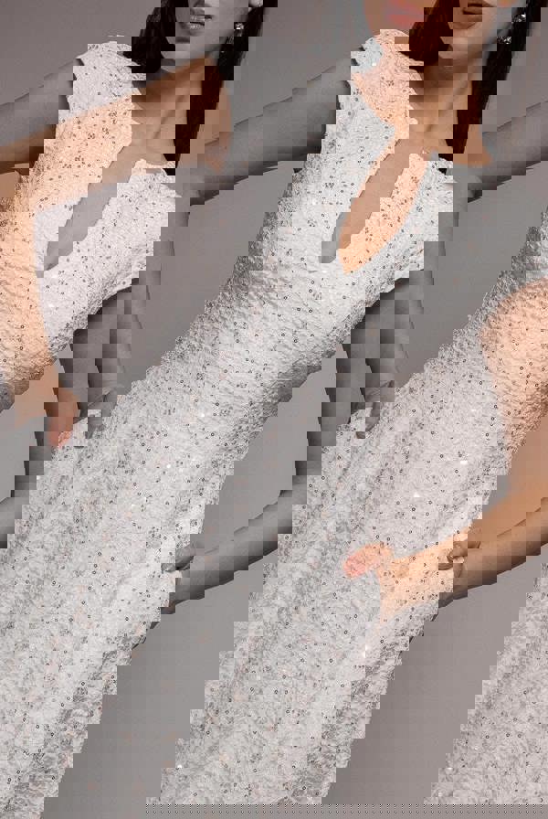 Bead Embellished Jacquard A Line Midi Dress - White DR4795