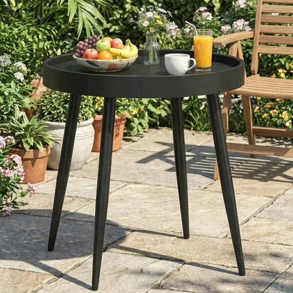 Bobobiy 49.5 cm Round Garden Table, Small Outdoor Coffee Side Table with Plastic Tray-Style Top, Metal Legs, Black - Black