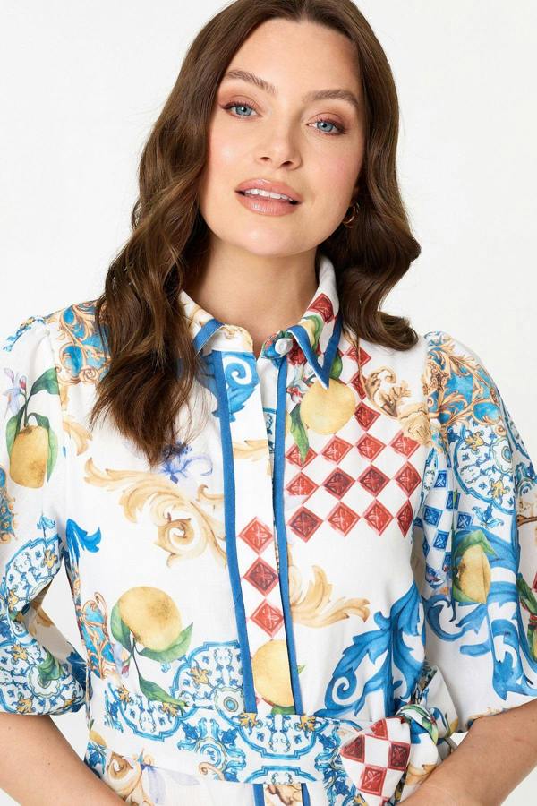 White | Printed 1/2 Puff Sleeve Shirt Midi Dress