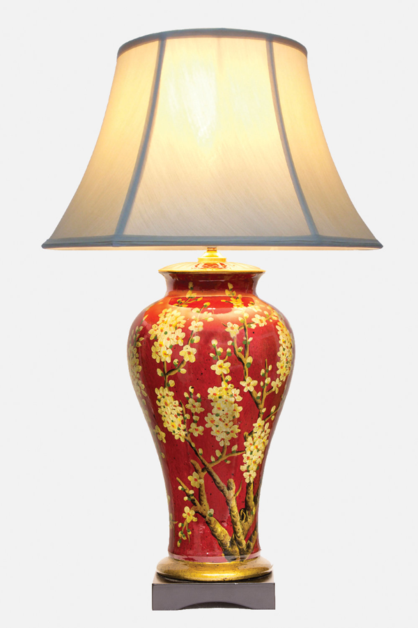 Downton Interiors Red Floral Oriental Chinese Ceramic Porcelain Table Lamp - Pale Shade
