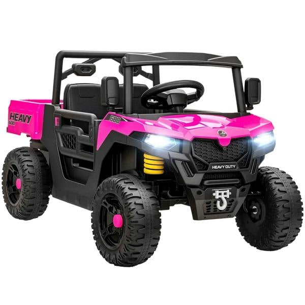 Pink electric kids UTV with front headlights and pink dump bed, rugged 4-wheel tires
