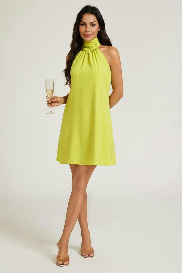 FS Collection Halter Neck Tie Back Mini Dress In Lime
