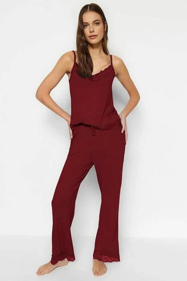 WOVCOR 2-Piece Viscose Knit Pajama Set with Lace and Ribbon Details