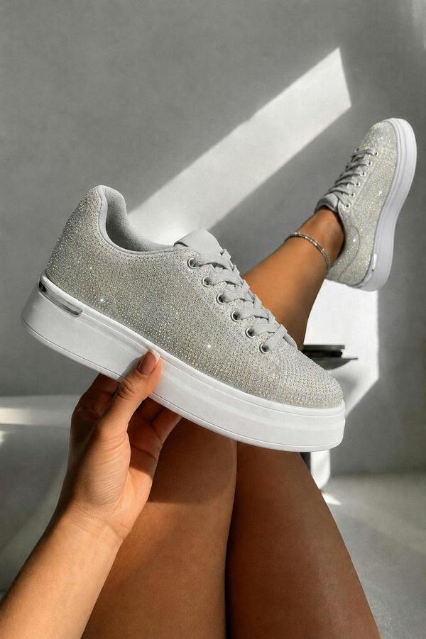 Love Lemonade Crystal Society Glow Lace-Up Chunky Platform Trainers Silver