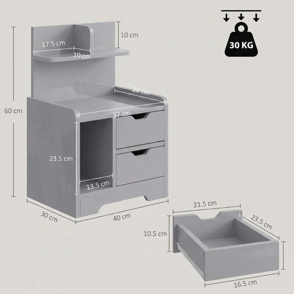 Bedside Table, Small Bedside Cabinet with 2 Drawers and Storage Shelves, Modern Nightstand for Bedroom, Grey