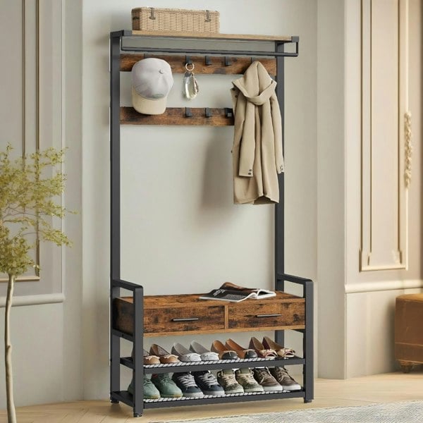 Rafaelo Mobilia Industrial Hall Tree Coat Rack Shoe Storage Bench Brown