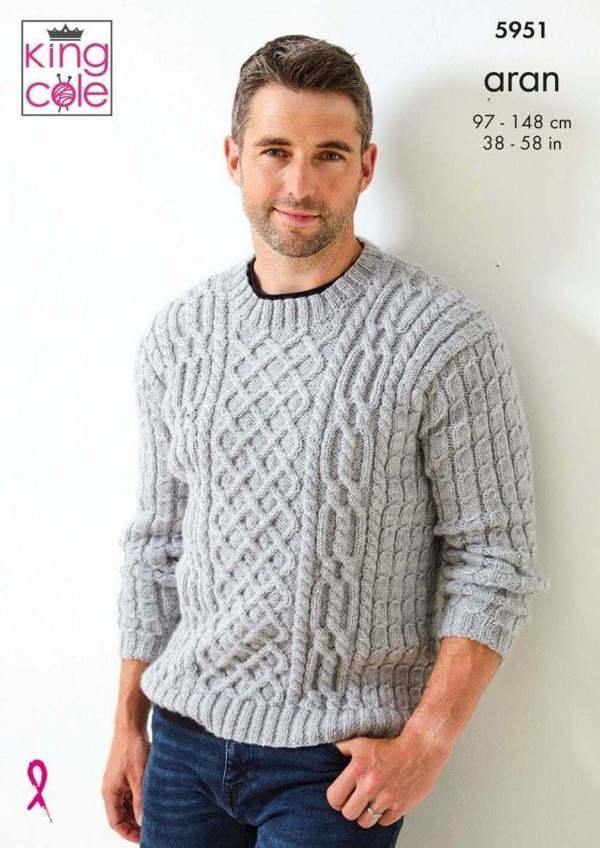King Cole Fashion Aran Knitting Pattern 5951, Sweaters for Men, 38 - 58 Inches