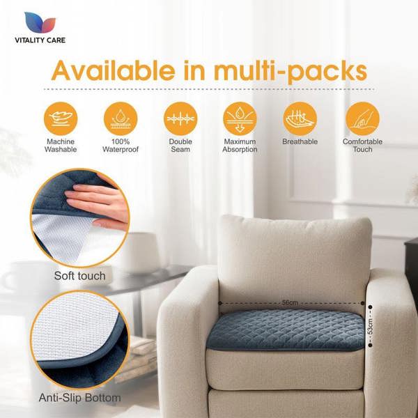 Vitality Care Absorbent Washable Incontinence Chair Pad Non-Slip Waterproof Seat Protector Pad