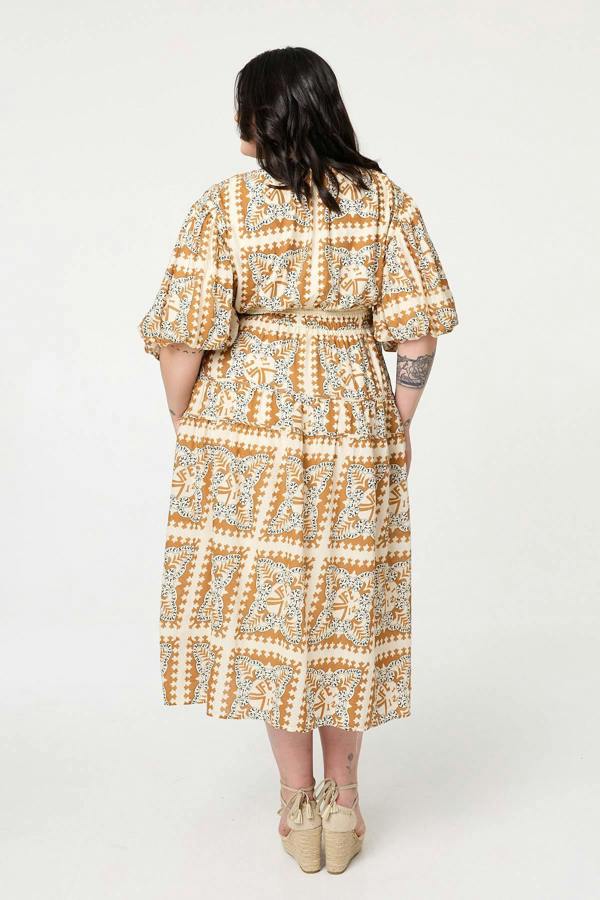 Mustard | Mosaic Print 1/2 Puff Sleeve Midi Dress
