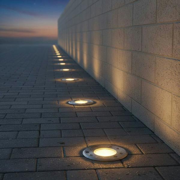 silver exterior ground light mounted in a line along an outside wall 
