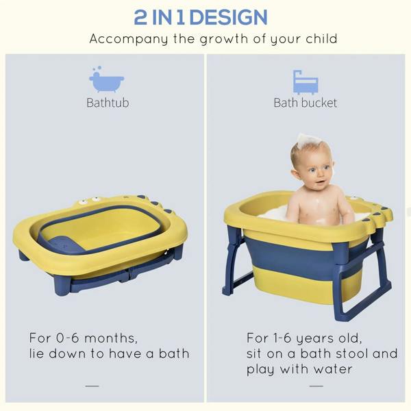 Yellow and navy baby bathtub with foldable seat, shown in a multi-use design