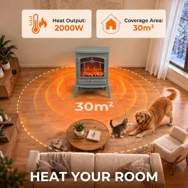 Electric Fireplace Stove, 1000W/2000W, Electric Fire Heater with LED Flame Effect, Adjustable Thermostat, Grey
