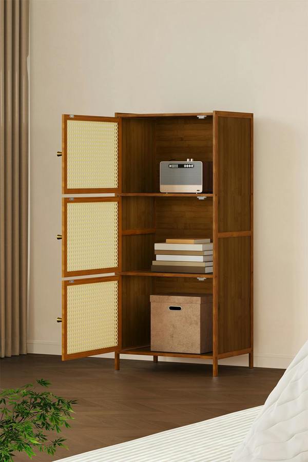 Living and Home 3-Tier Bamboo Bookcase Bookshelf Storage Rack with Doors