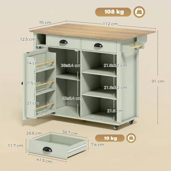 Bobobiy Kitchen Island with Drop Leaf Tabletop Kitchen Island on Wheels Storage Cabinet Shelf Trolley Light Green