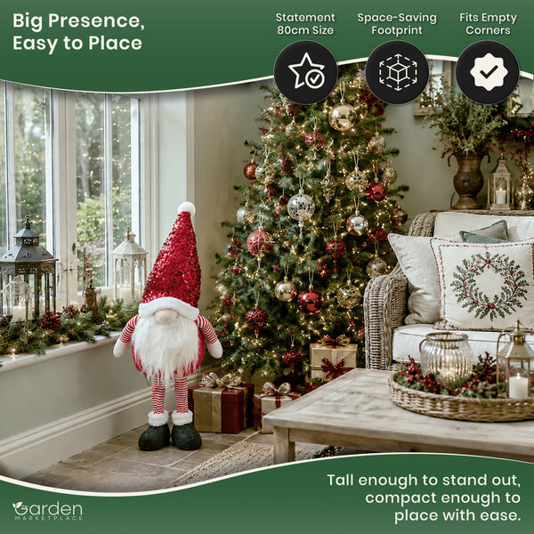 Large Red Glam Christmas Gonk Figure, 80cm Tall Standing Decoration with Sparkly Sequined Hat, Polyester Indoor Ornament