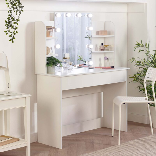 MMT Furniture Designs White Dressing Table with Drawers Make Up Desk With LED Mirror Modern Bedroom