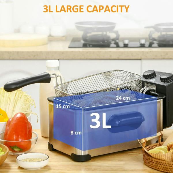 Stainless steel deep fat fryer with 3L capacity basket, black handle and controls