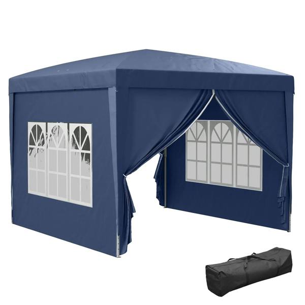Blue pop-up gazebo with sidewalls and arched window panels, plus carry bag