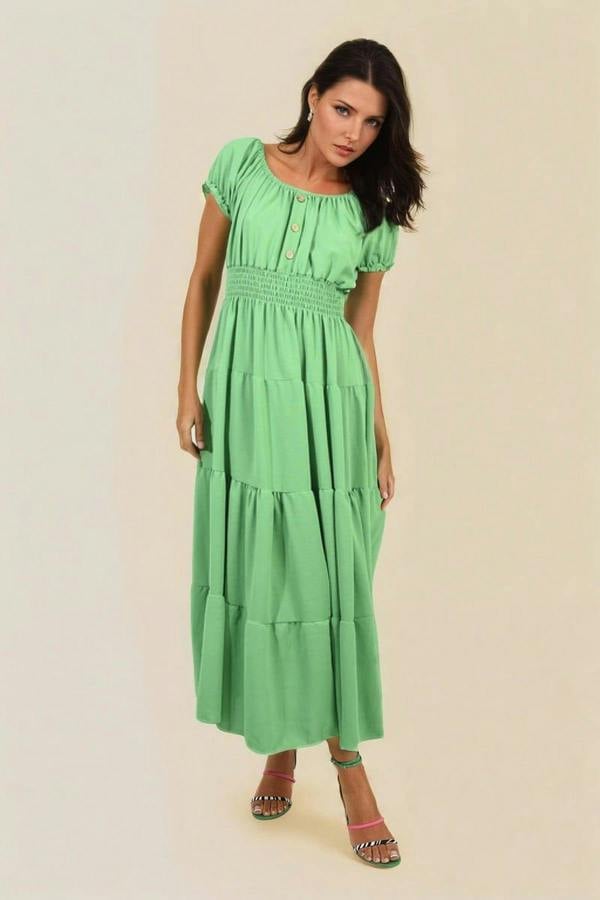 Emmy Smocked Waist Tiered Midi Dress - Green
