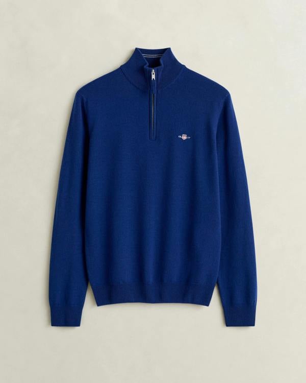 GANT Mens Superfine Lambswool Half Zip Sweater - 435 Crisp Blue | CHO | Designer Mens Half Zip Jumpers