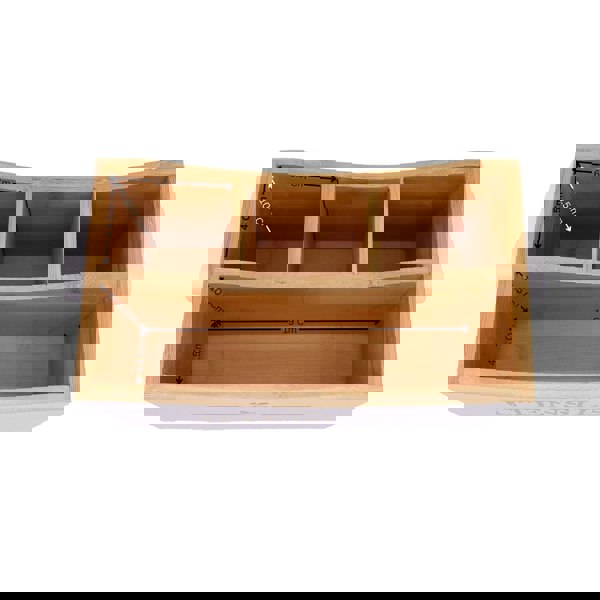 Wooden kitchen organizer with compartments and measurements on a white background