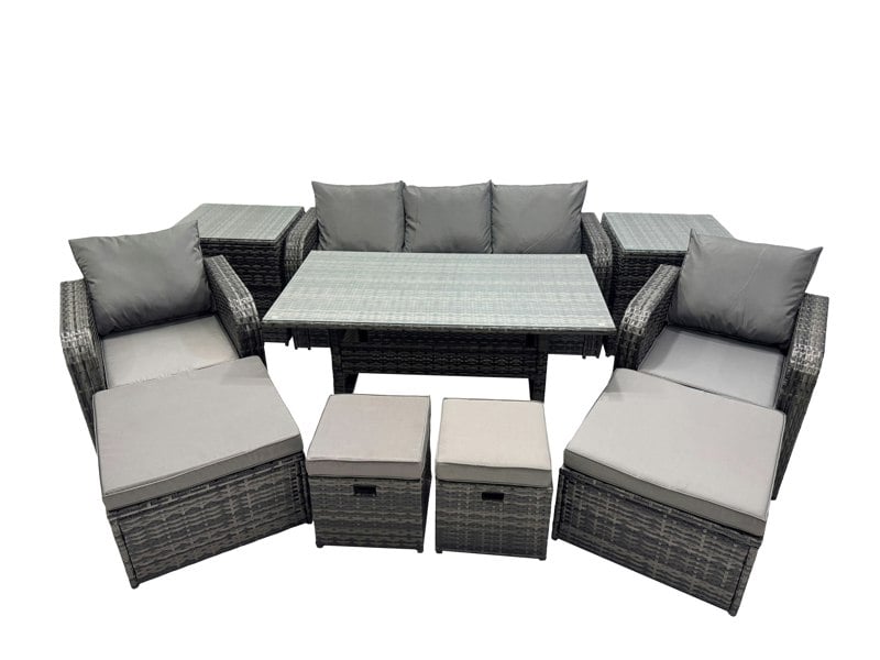 Fimous 8 Seat Outdoor Wicker PE Rattan Garden Furniture Set Dining Table Sofa Set with 4 Stools 2 Side Tables Dark Grey Mixed