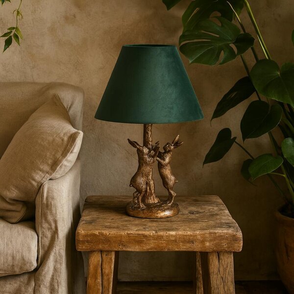 Wyld Haus Sault Antique Gold Marching Hares Lamp With Green Velvet Shade