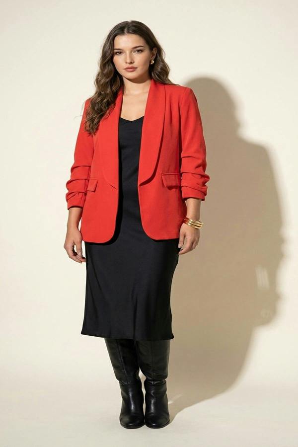 Valerie Ruched Sleeve Open Front Blazer Jacket With Front Pockets - Red