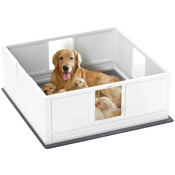 White dog whelping box with open pen panels and adjustable entrance