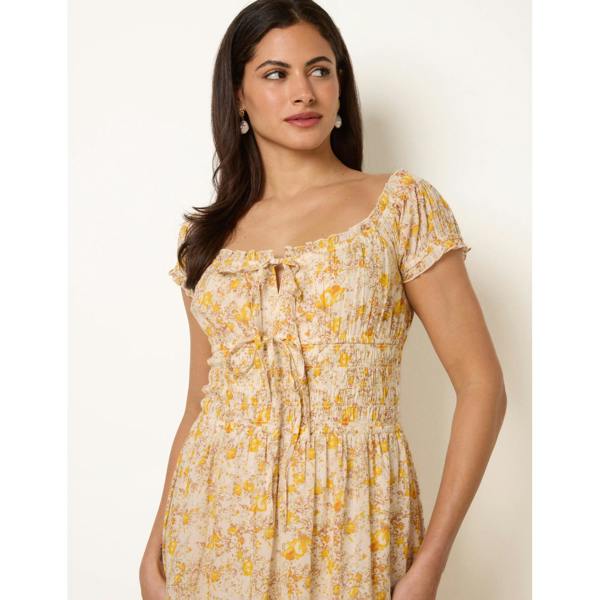 Blue Vanilla Double Front Tie Shirred Ditsy Floral Maxi Dress