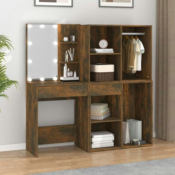 Berkfield LED Dressing Table with Cabinets Smoked Oak Engineered Wood