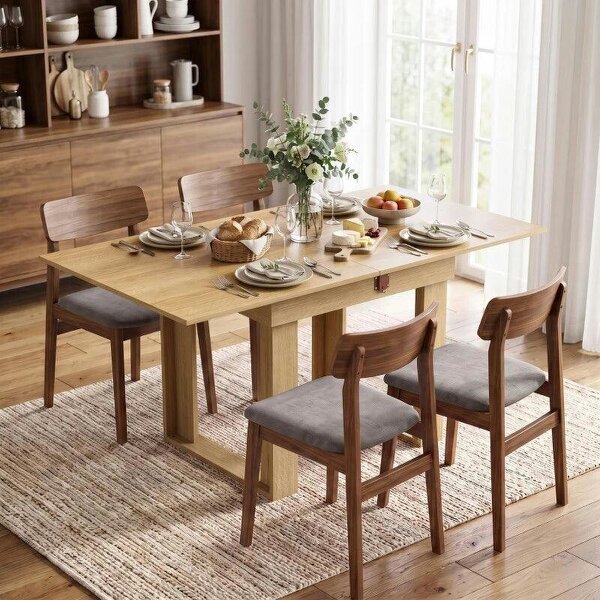 Folding Dining Table Under-Table Storage Extendable Kitchen Table Steel Rail Oak Effect
