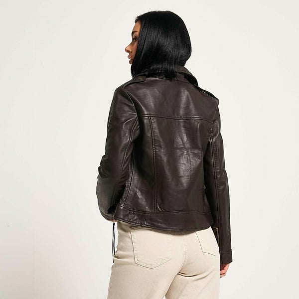 Barneys Originals Women's Gold Trim Leather Biker Jacket in Brown