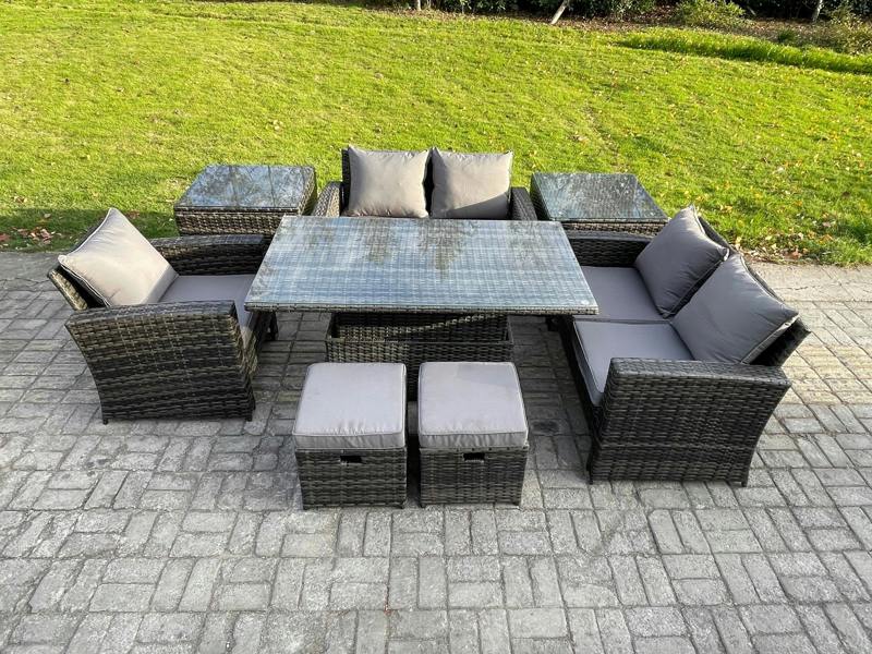 Fimous 7 Seater Outdoor Rattan Patio Set, Garden, Adj Height Table Sofa Dining, 2 Side Tables and 2 Small Footstools, Dark Grey Mixed